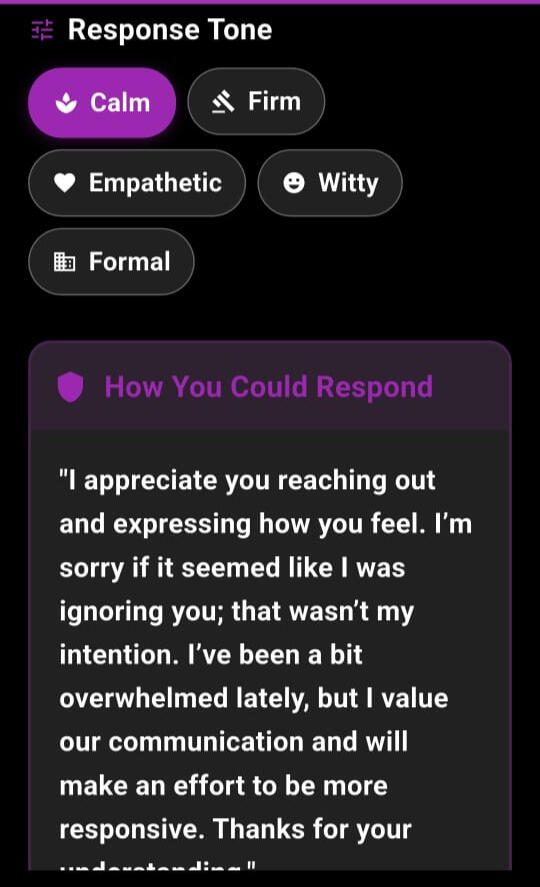 Toxicity App – Healthy Response Suggestion for Toxic Messages Toxicity app communication suggestion screen showing a calm and respectful way to respond to a toxic message.